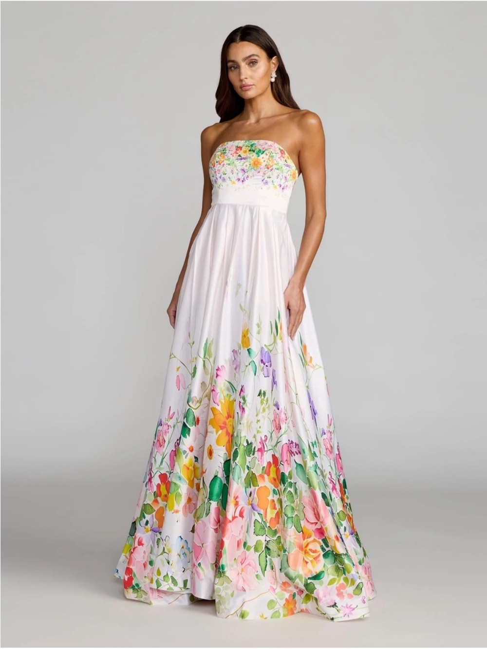Mac Duggal 8470 Ivory Multi Floral Print Strapless Satin A Line Gown With Sz 2